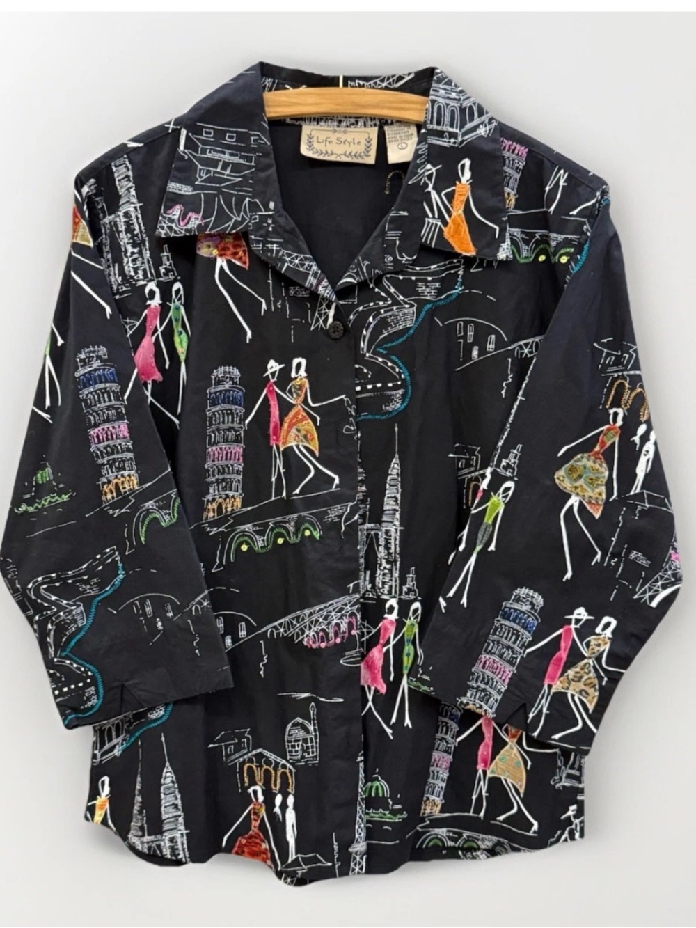 Vintage LIFE STYLE Black Paris Travel Theme Button Front Blouse Sequin Appliqué